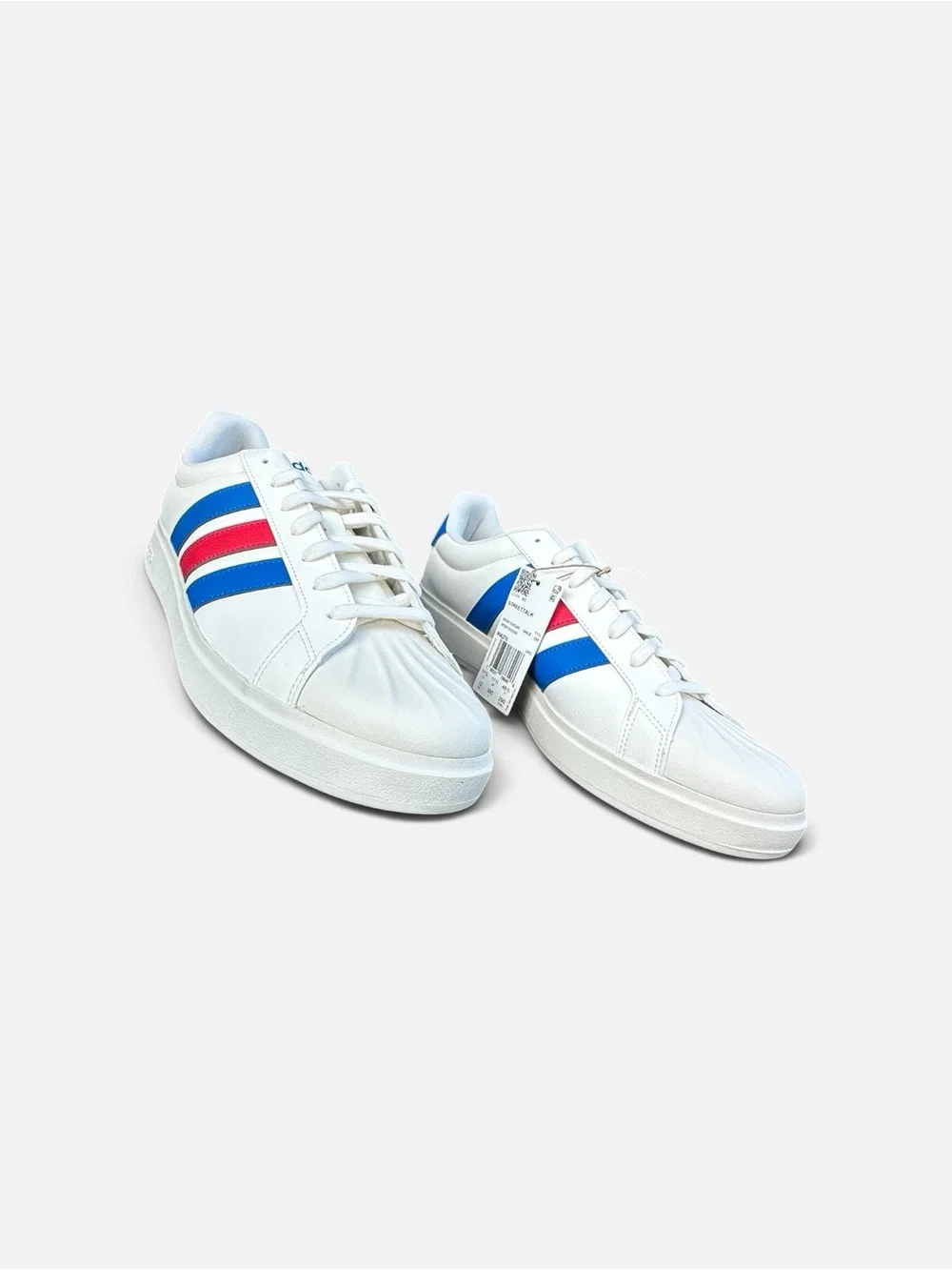 adidas White Sneakers with Blue & Pink Accent Stripes
